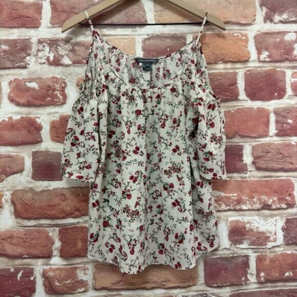 French Connection Top Shirt Womens Medium White Multicolor Floral Cold Shoulders - Picture 1 of 8